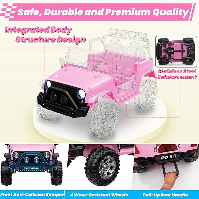 24V 4WD Ride on Truck Car w/800W Motors, Gift Flower, Remote Control, 2 Seaters, Light Bar, 3 Speeds, Pop Music, Power Four Wheels, 25 Volt Ride on Toy Car for Big Kids, Pink