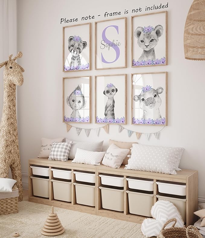 Personalized Safari Animals for Baby Girls Nursery Bedroom Unframed Set of 6 Poster Prints, Personalized Name Pink Purple Flowers Wall Art Decor New Baby Gift Present, Elephant Giraffe Panda Zebra Lion (9x12)