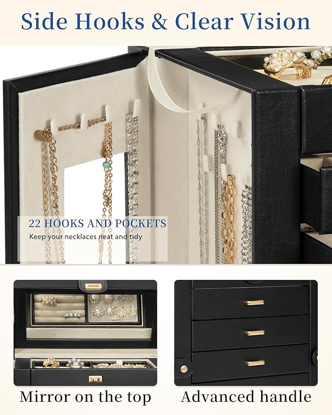 AKOZLIN Jewelry Box 6-Tier Organizer Functional 360° Rotating Jewelry Storage Case for Women Girls Ring Necklace Earring Bracelet Holder with Mirror