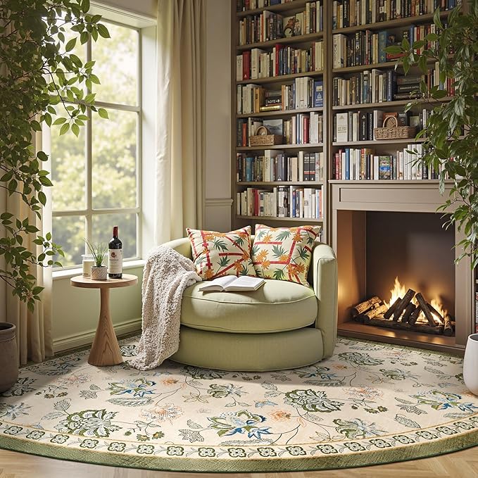 jinchan Floral Corner Rug for Living Room Washable Bedroom Rug Vintage Romance Design Non Slip Quarter Circle Lightweight Low-Pile Throw Carpet for Reading Nook Playroom,8ft Radius, Green/Beige