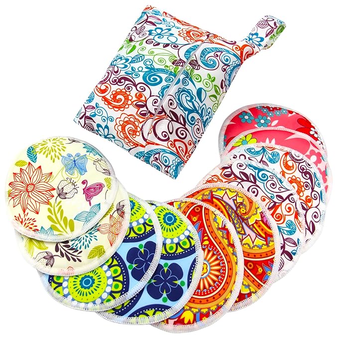 PINOWU Nursing Pads -10 Washable Pads + Wet Bag + Wash Bag, Breastfeeding Nipple Pads (Large 4.7")