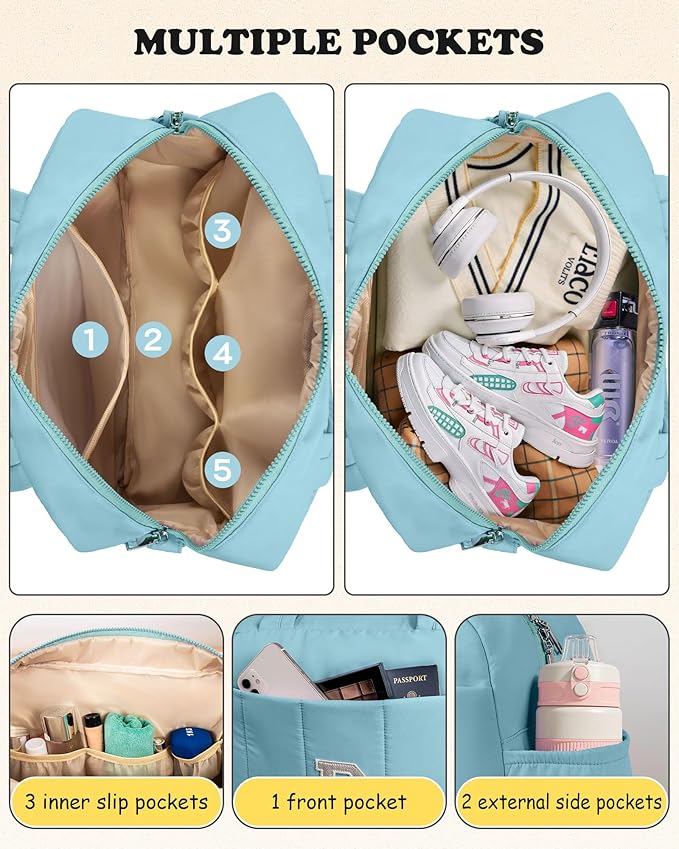 Duffle Bag, Weekender Bags for Girl，Gift for Mom-Initial Overnight Bag with Wet Pocket，Lightweight Dance Bags Personalized Gymnastics bag with Makeup Pouch