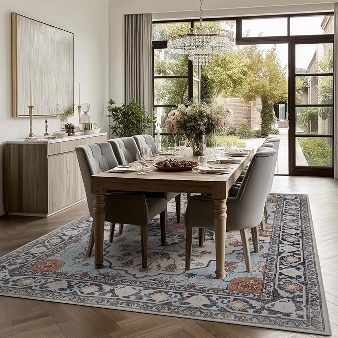 Washable Area Rugs 8x10, Large Rugs for Living Room, Carpet for Bedroom, Soft Faux Wool Retro Dining Room Rug, Non-Slip Backing Resistant Low Pile Vintage Print Rug for Home Office (Blue/Gray)