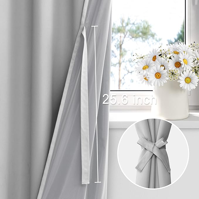 XWZO 100% Blackout Curtains 63 Inches Long with Tiebacks- Rod Pocket Heat and Full Light Blocking, Thermal Insulated Window Panels for Bedroom/Nursery, Light Grey, W60 x L63, Set of 2 Draperies