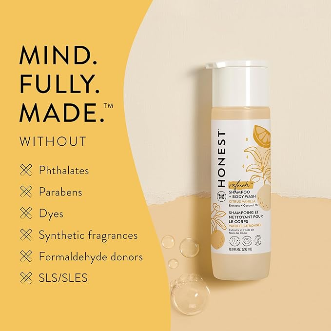 The Honest Company 2-in-1 Cleansing Shampoo + Body Wash | Gentle for Baby | Naturally Derived, Tear-free, Hypoallergenic | Citrus Vanilla Refresh, 10 fl oz