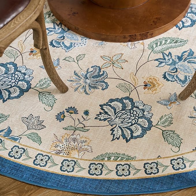 jinchan Floral Corner Rug for Entryway Washable Kitchen Rug Vintage Romance Design Non Slip Quarter Circle Lightweight Low-Pile Throw Carpet for Playroom Reading Nook Nursery, 4ft Radius, Blue/Beige