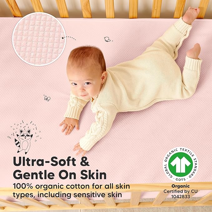 Waterproof Crib Mattress Protector Cover Fitted - 2-Pack Quiet Baby Crib Mattress Pad Sheets, 52" x 28" Soft Quilted Cotton Baby Sheet, Machine Washable, Easy Fit, Durable (Mist Rose/Quin)