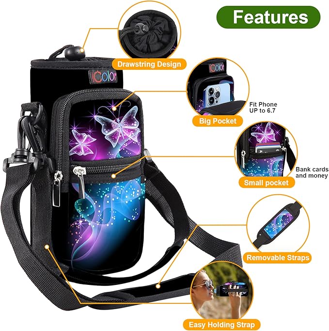 icolor Water Bottle Carrier Bag with Strap 25/32/40 oz Crossbody Bottle Holder with Phone Pocket Sling Sleeve Insulated Neoprene Water Bottle Pouch for Walking Travelling