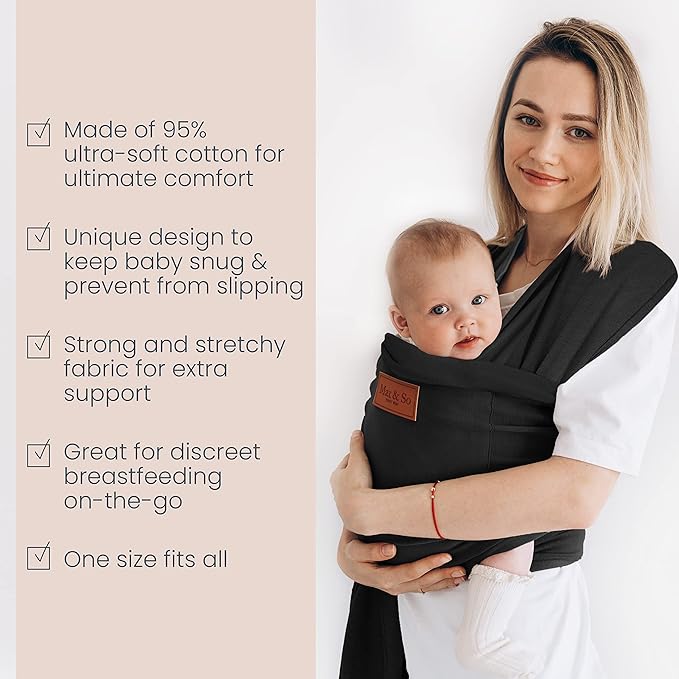 Baby Wrap Carrier - Premium Cotton Baby Carrier Wrap for Newborn to Toddler- Infant Carrier- Baby Holder One Size Fits All with Front Pocket (Black) by Max&so