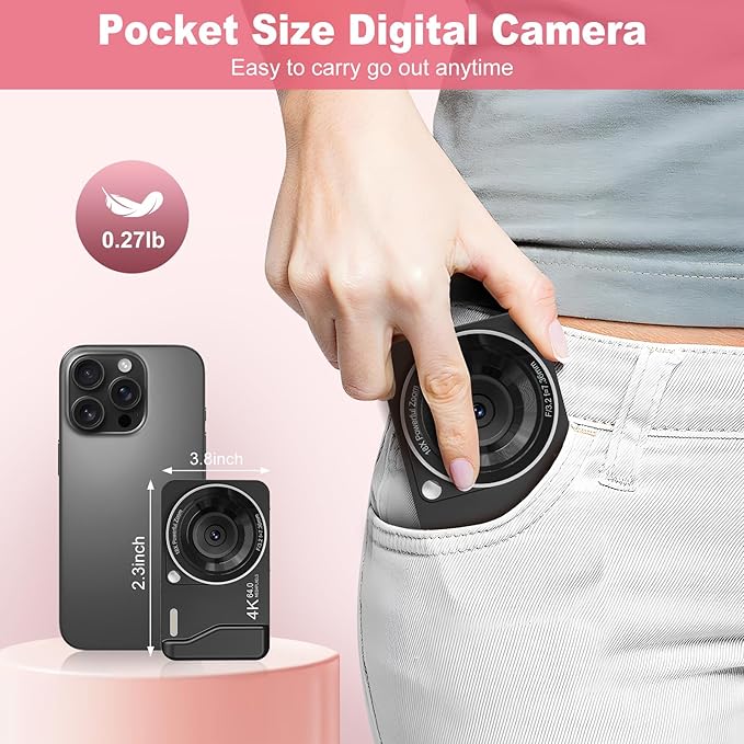 Digital Camera, 4K 64MP, 18X Zoom, Point and Shoot Digital Camera with 64GB TF Card & 2 Batteries, Portable Rechargeable Small Camera for Kids Teens Adult, Black