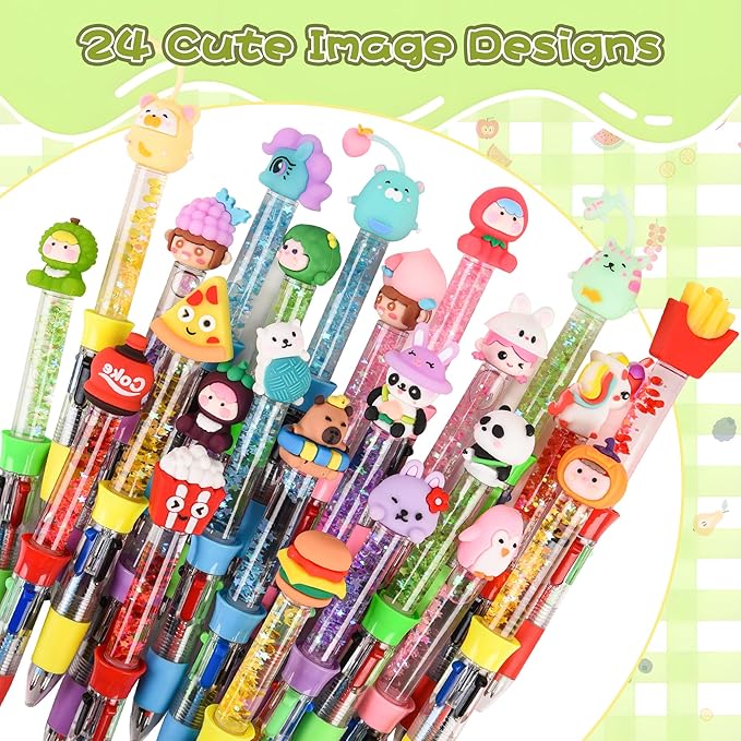 LiYiQ 24PCS Multicolor Pen in One Fun 4-in-1 Cute Pens Bulk Kawaii Cool Ballpoint Pens for Kids Fun Gifts