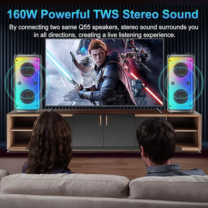 Portable Party Speaker, 80W Peak Wireless Bluetooth Speaker, PA System with LED Lights, Outdoor Bluetooth Speakers Supports for TF Card/USB, AUX in, FM, REC,TWS