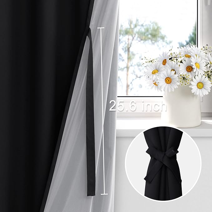 XWZO 100% Blackout Curtains 45 Inches Length with Tiebacks- Rod Pocket Full Shade Window Drapes Thermal Insulated Double Layer with Black Liner for Bedroom/Living Room, Black, W42 x L45, Set of 2