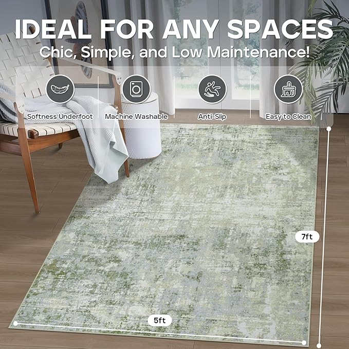 5x7 Area Rugs for Living Room Rug Washable: Modern Rug for Dining Room Bedroom Carpet Non Slip Low Pile 5 by 7 Indoor Abstract Nursery Home Office Green