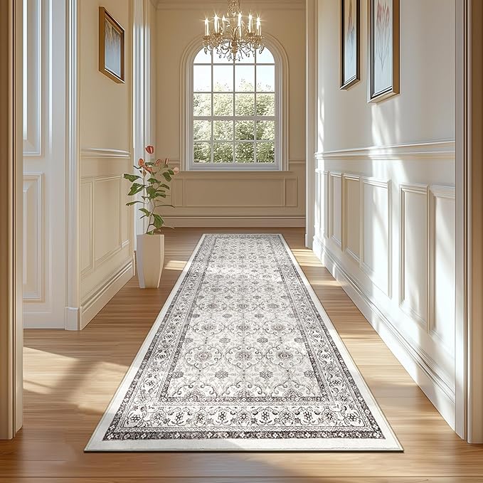 jinchan Hallway Runner Rug 2x8 - Machine Washable Beige Vintage Floral Distressed Design Soft Non-Slip Low-Pile Ultra-Thin Runner Rug for Kitchen Laundry Room Bedroom Farmhouse (2‘x8',Beige)