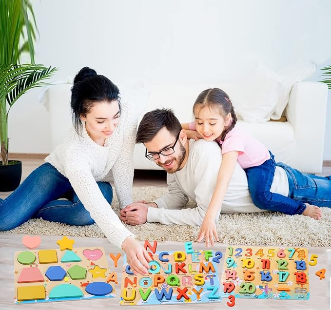 Wooden Puzzles for Toddlers, Voamuw Alphabet Number Shape Learning Education Preschool Toys for Kids Ages 3-6 Years Old (Set of 3)