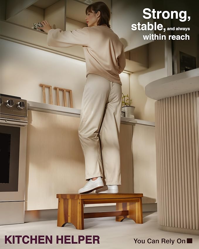 Extra Wide 26in Wooden Step Stool, Heavy Duty One Step Stool for Adults and Seniors, Holds Up to 550 lbs, Reinforced Cross Bar, Non-Skid Surface, Multipurpose Use for Kitchen, Bathroom, Bedroom