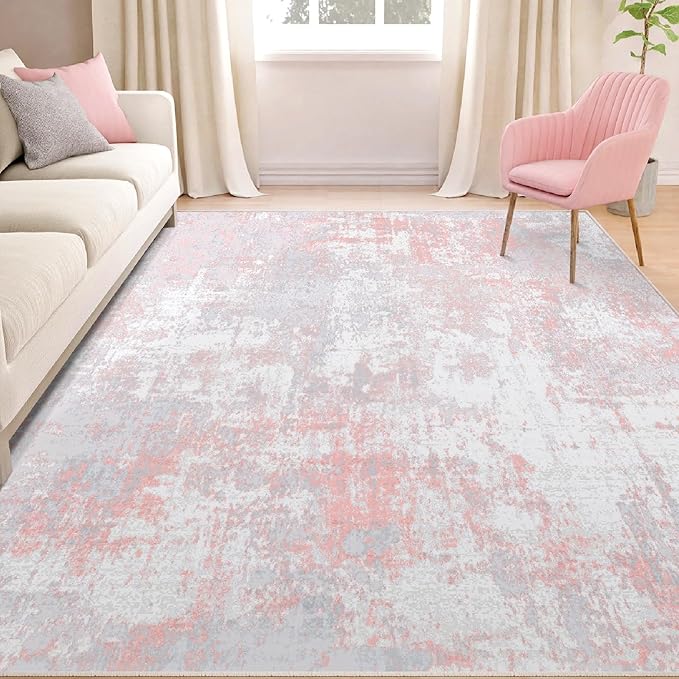 Washable Area Rugs 5'x7' Non-Slip Modern Abstract Soft for Living Room Entryway Bedroom Nursery, Print Pattern, Grey Pink