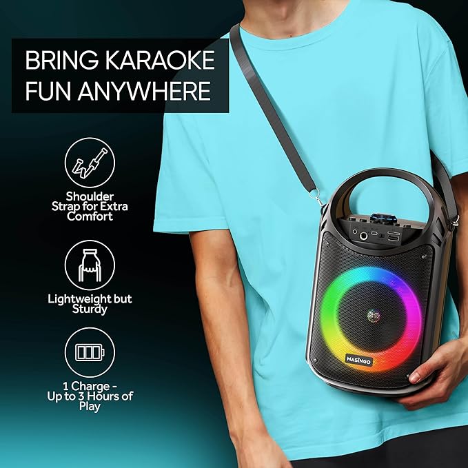 MASINGO Karaoke Machine for Kids and Adults with 2 Wireless Bluetooth Microphones, PA Portable Speaker with Colorful LED Lights, Supports TF Card/USB, AUX/MIC in, TWS for Home Party, Burletta C10 V2