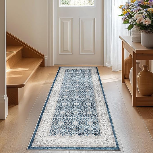 jinchan Runner Rug 2x7 - Machine Washable Dark Blue Vintage Floral Distressed Design Soft Non-Slip Low-Pile Ultra-Thin Runner Rug for Kitchen Hallway Laundry Room Entryway Farmhouse (2‘x7',Dark Blue)