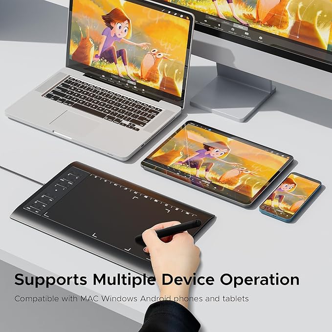 Graphic Drawing Tablet, ienRon 10x6.25 Inch,Digital Graphics Tablets for PC and Computer/Pad- 8192 Pressure Battery-Free Pen, 12 Hot Keys, Compatible Windows/Android, Includes Stand,Good Gifts,Black