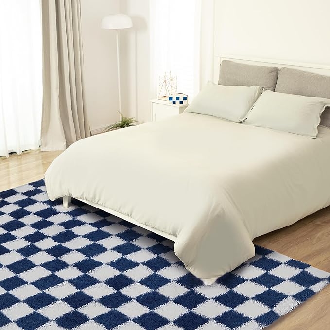 Super Soft Rug for Bedroom, 6x9 ft Blue and White Area Rug Classic Checkered Shaggy Anti-Skid High Pile Soft Fluffy Rug Fuzzy Carpet for Living Room Bedroom Kids Room Nursery, Dorm