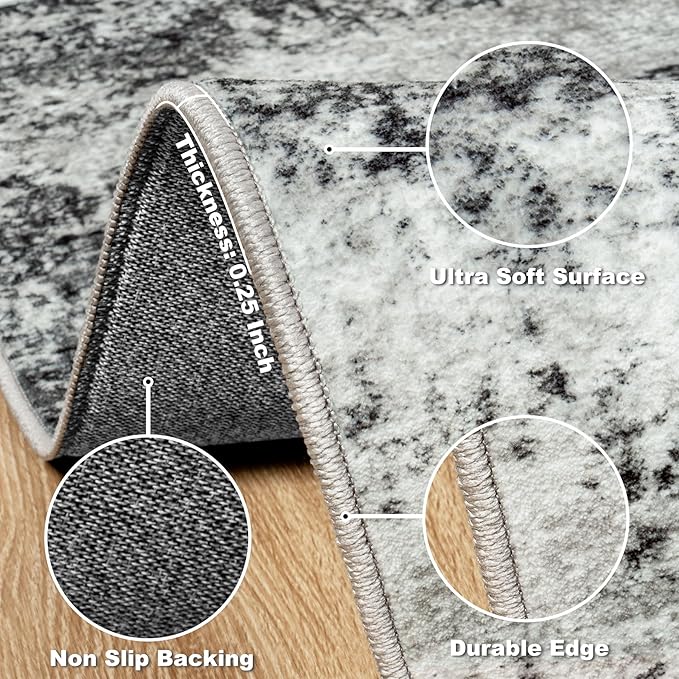 Washable Rug 6x9 Area Rugs: Abstract Washable Rugs with Non-Slip Backing, Stain Resistant Indoor Floor Carpet for Bedroom Dining Room Table Nursery Hallway Home Office Dark Black/Gray