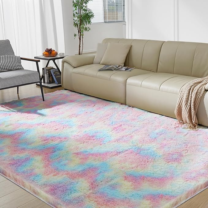 Ultra Soft Rug for Living Room, 5X8 Fluffy Shag Area Rug for Bedroom, Modern Shaggy Carpets Fuzzy Rug for Teens Dorm Nursery Home Decor Aesthetic, Upgrade Anti-Skid Durable, Rainbow