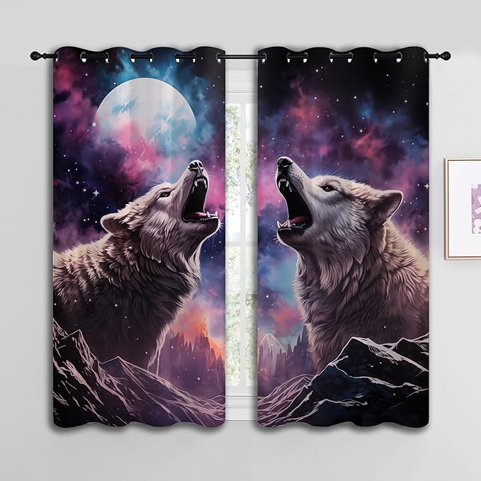Wolf Blackout Curtains for Boys Girl Bedroom Decor,Fantasy Starry Sky Galaxy Forest Wildlife Thermal Insulated Grommet Drapes Darkening Window Curtain for Living Room Home 42x45 inch