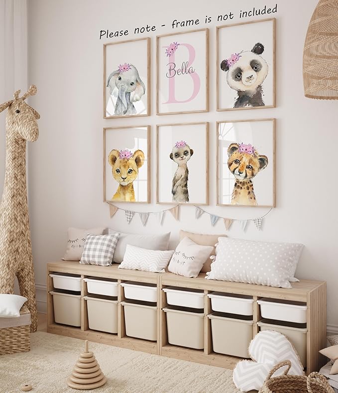 Personalized Safari Animals for Baby Girls Nursery, Set of 6 Unframed Poster Prints, Personalized Name Pink Lilac Floral, Girls Bedroom Decor, Elephant Giraffe (9x12)