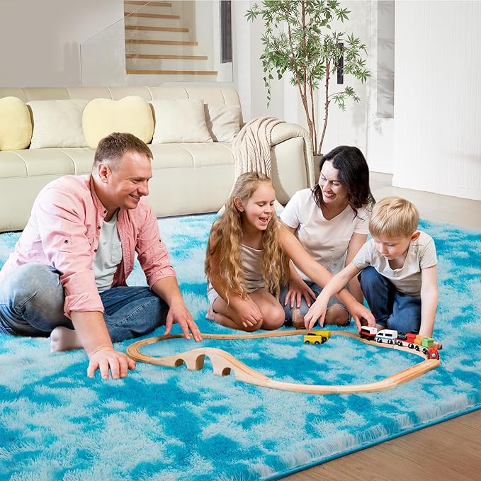 Ultra Soft Rug for Living Room, 4X6 Fluffy Shag Area Rug for Bedroom, Modern Shaggy Carpets Fuzzy Rug for Teens Dorm Nursery Home Decor Aesthetic, Upgrade Anti-Skid Durable, Tie-Dyed Blue