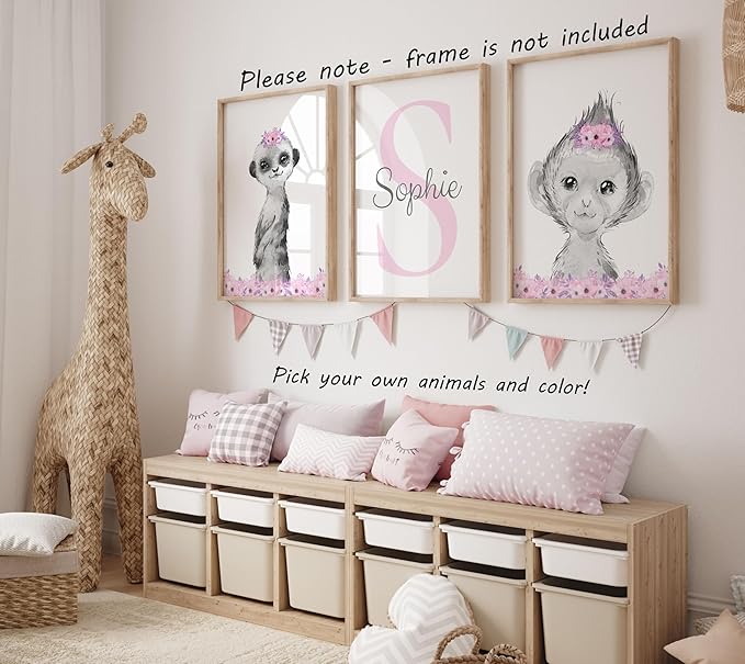Safari Animals Girls Nursery Bedroom Unframed Set of 3 Poster Prints, Personalized Name Pink or Purple Flowers Wall Art Decor New Baby Gift Present, Elephant Giraffe Panda Zebra Lion (9x12)