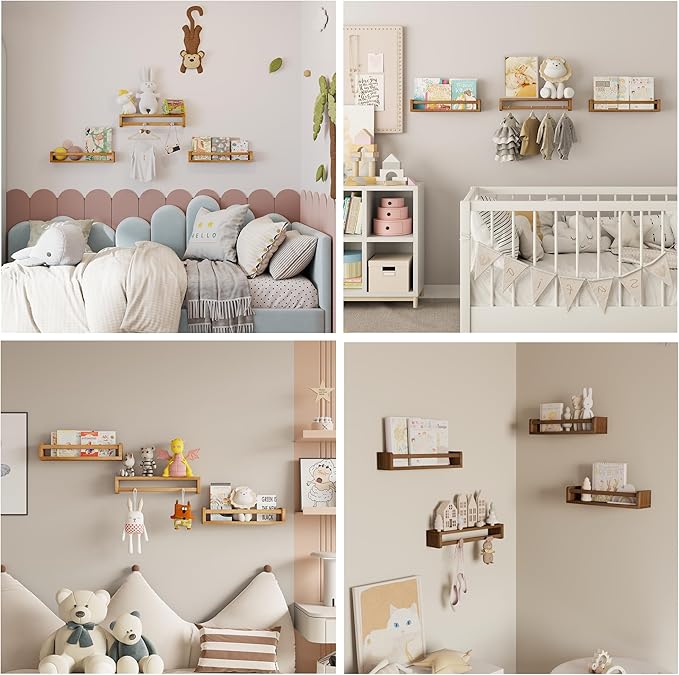 Heimlove Nursery Floating Shelves, Nursery Book Shelves for Wall, 16 inch Wall Bookshelf for Kids Solid Wood Wall Mounted Shelves for Books,Toys and Decor Storage, Set of 2