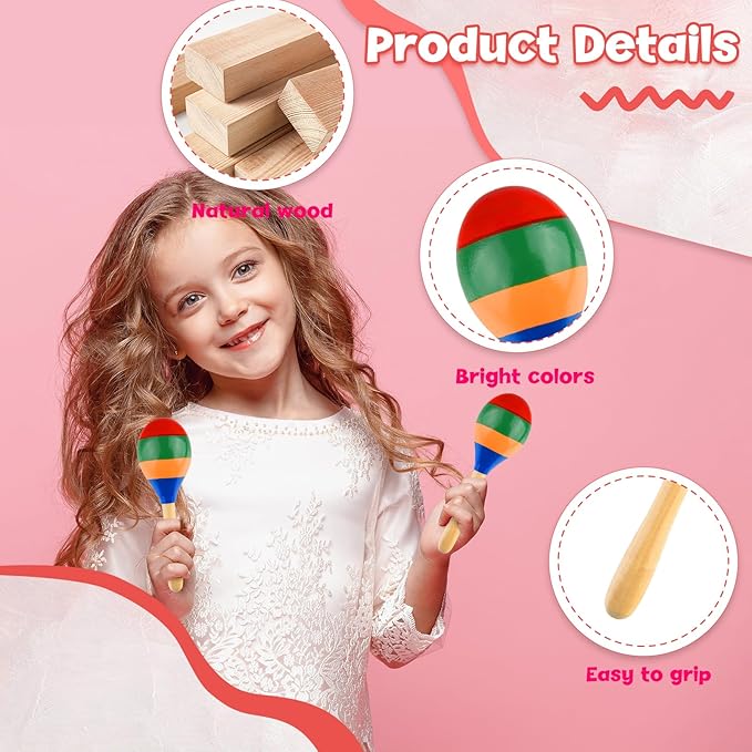 2 Pcs Maracas Hand Percussion Rattles, PLULON Colorful Wooden Maracas Rumba Shakers Rattle Latin Musical Instrument for Kids Adults Game Playing, Mexican Fiesta Cinco De Mayo Party Favors Supplies