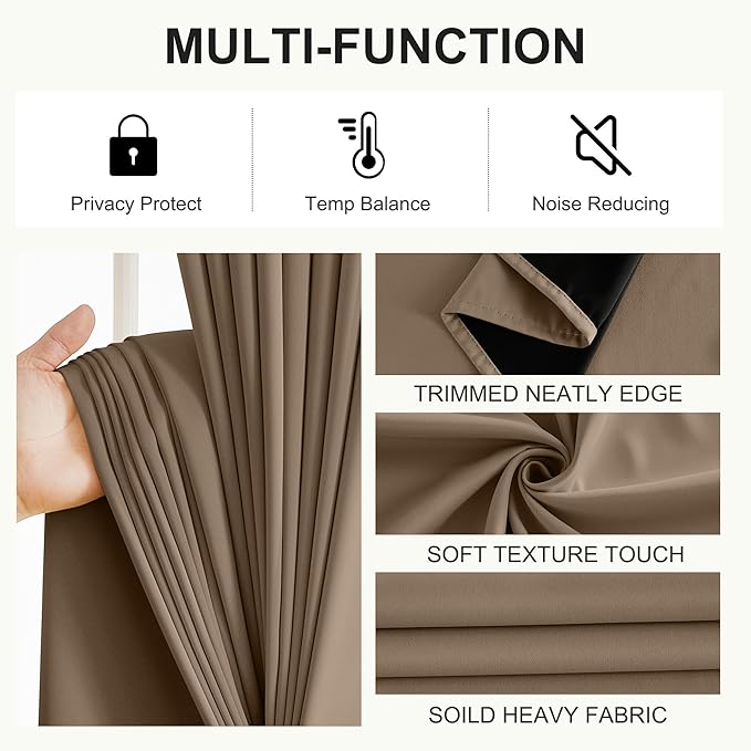 NICETOWN 100% Blackout Curtains for Bedroom, Thermal Insulated Window Drapes Room Darkening Cafe Curtains for Living Room with Grommet Top, 52 x 63 Inch Long, 2 Panels, Khaki
