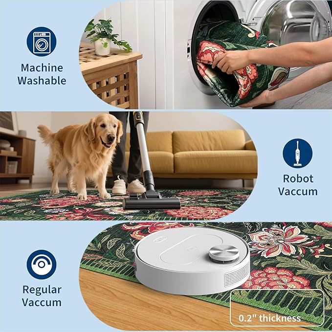 GarveeHome Forest Green Floral Botanical Washable 8x10 Rug for Living Room Soft Vintage Boho Cottage Large Rugs Low-Pile Carpet for Bedroom Dining Nursery Rug