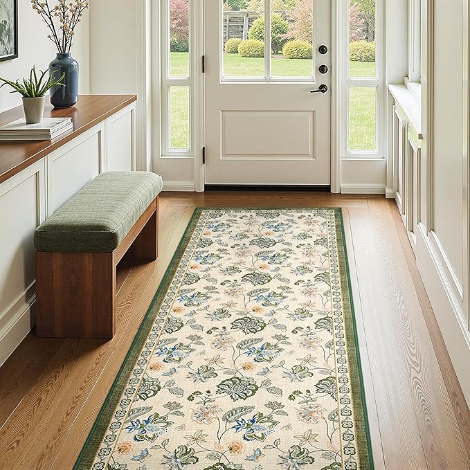 jinchan 3x10 Floral Runner Rug for Hallway Washable Kitchen Runner Vintage Romance Design Non Slip Thin Indoor Floor Cover Low-Profile Throw Carpet for Entryway Bathroom Bedroom Porch, Green/Beige