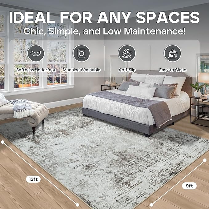 9x12 Area Rugs for Living Room Rug Washable: Modern Large Rug for Dining Room Bedroom Carpet Non Slip 9 by 12 Indoor Abstract Nursery Home Office Brown Grey