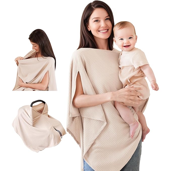 Konssy Nursing Cover for Breastfeeding, Soft & Breathable Privacy Poncho, Multi-Use Feeding Shawl, Comfortable & Portable Breastfeeding Cover for Women (Beige)