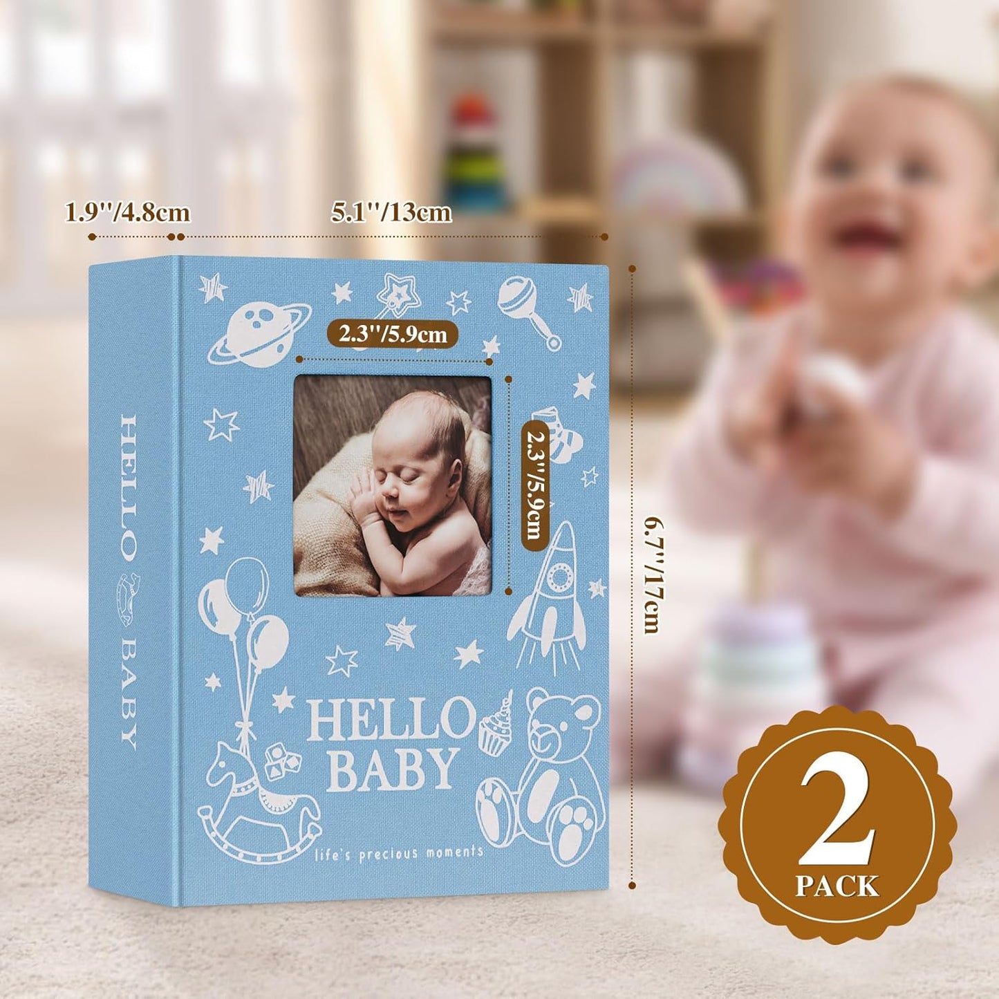 Lanpn Baby Photo Album 4x6 100 Pockets 2 Packs, Mini Linen DIY Window Photo Book Newborn Bebe Album Memory Book Sets, Holds 100 Top Loader Vertical Pictures Gift for Kids Boy Girl Baby Shower, Blue