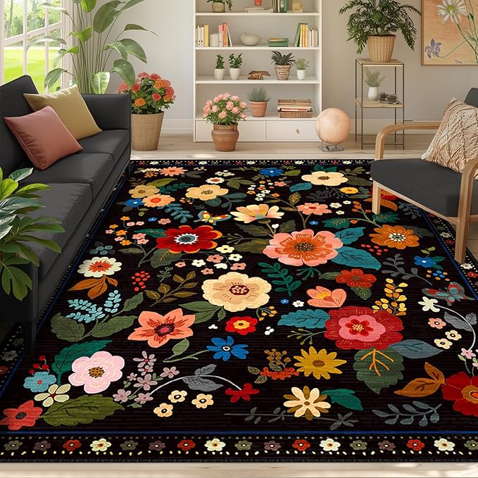Floral 8x10 Area Rug Machine Washable Soft Print Boho Carpet Non Slip Doormat Low Pile Flower Area Rugs for Living Room Bedroom Nursery Kitchen Dining Room Indoor-Black