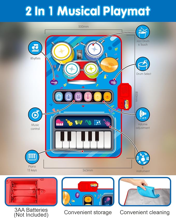 Toys for 1 Year Old Boy Gifts, Baby Musical Mat with Piano & Drum, Adjustable Volume, 12-18 Months Toddler Toys, Christmas Birthday Easter Gifts for 1-2 Year Olds Boys Girls (Blue)