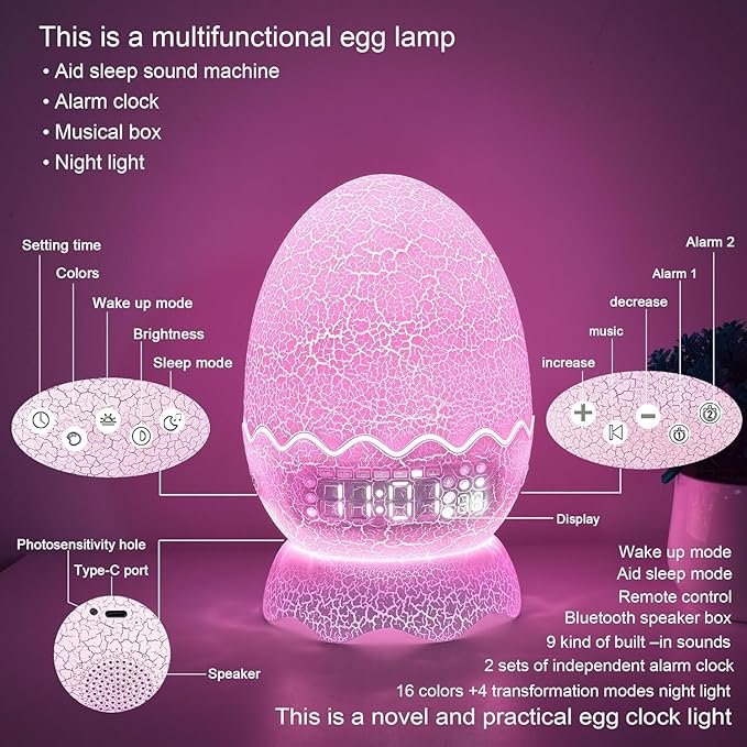 Spinosaurus Alarm Clock/Decorative Lamp/Night Light/Bluetooth Speaker/White Noise Lullaby Machine 4 in1, Remote Control 16 Colors Volume, Creative Gifts for Boys/Girls/Adult