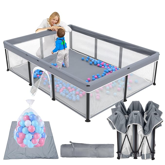 TOREVSIOR Foldable Baby Playpen with Mat, 50"×71" F oldable P laypen for Babies and Toddlers, Indoor & Outdoor Kids Safety Play Pen, Portable Play Yard, Foldable Baby Playpen with 50 Ocean Balls