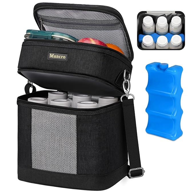 Mancro Breast Milk Cooler Travel Bag with Ice Pack, Double Layer Baby Bottles Bag for Daycare Fits 6 Baby Bottle up to 9 Ounces, Breast Pump Bag for Nursing Moms with Shoulder Strap, Black