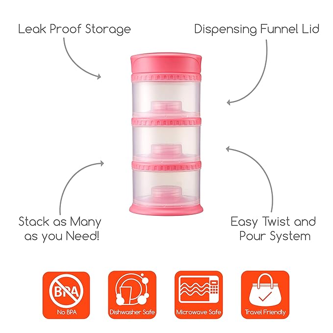 Innobaby Packin' Smart Stackable and Portable Storage System for Formula, Liquid, Baby Snacks and More. 3 Stackable Cups in Strawberry. BPA Free., 12 Ounce
