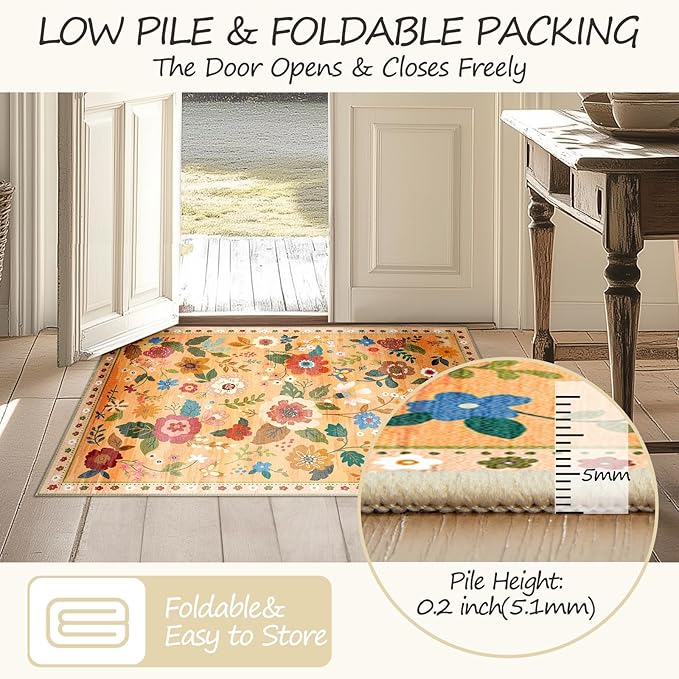 Floral 2x10 Area Rug Machine Washable Soft Print Boho Carpet Non Slip Doormat Low Pile Flower Area Rugs for Living Room Bedroom Nursery Kitchen Dining Room Indoor-Yellow/Orange