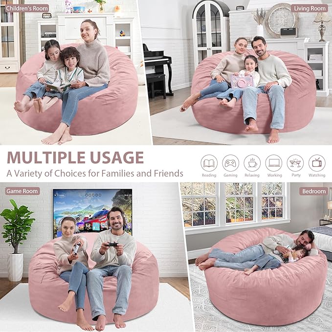 5FT Bean Bag Chair, Large Bean Bag Chairs with Memory Foam Filled, Fluffy Beanbag Sofa with Dutch Velvet Cover, Round BeanBag Chairs for Living Room, Playroom - Light Pink