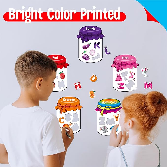 12 Pieces Magnetic Color Sorting Jars, 60 Color & Letter Magnets for Fridge Whiteboard, Early Educational Sorting Toy Set, Alphabet A-Z Learning Tool for Baby Toddlers Kids