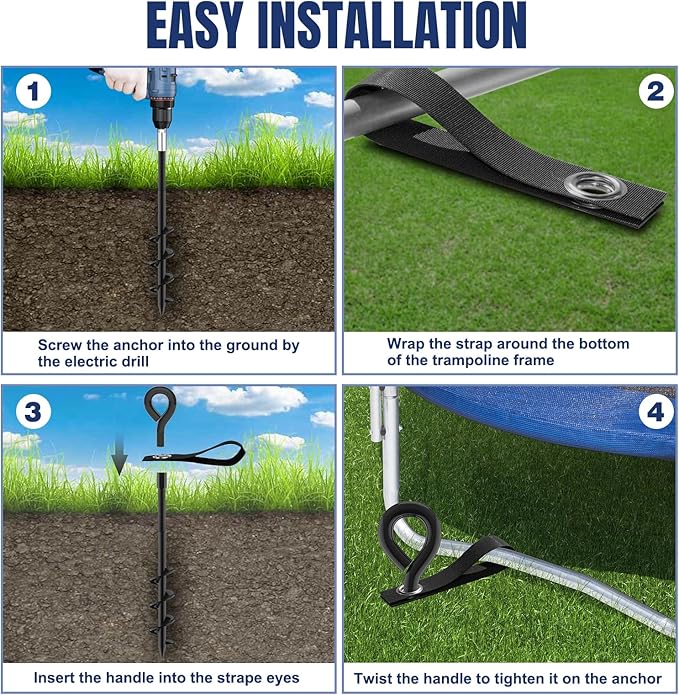 Eurmax USA Trampoline Stakes Screw in Tent Stakes Parts Heavy Duty for Canopies,4-Pack Outdoor Anchor Kit with Straps(Black)